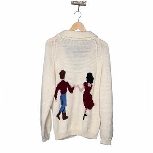 Vintage 1950s Homemade Hand Knit Intarsia Dancing Western Couple Wool Cardigan